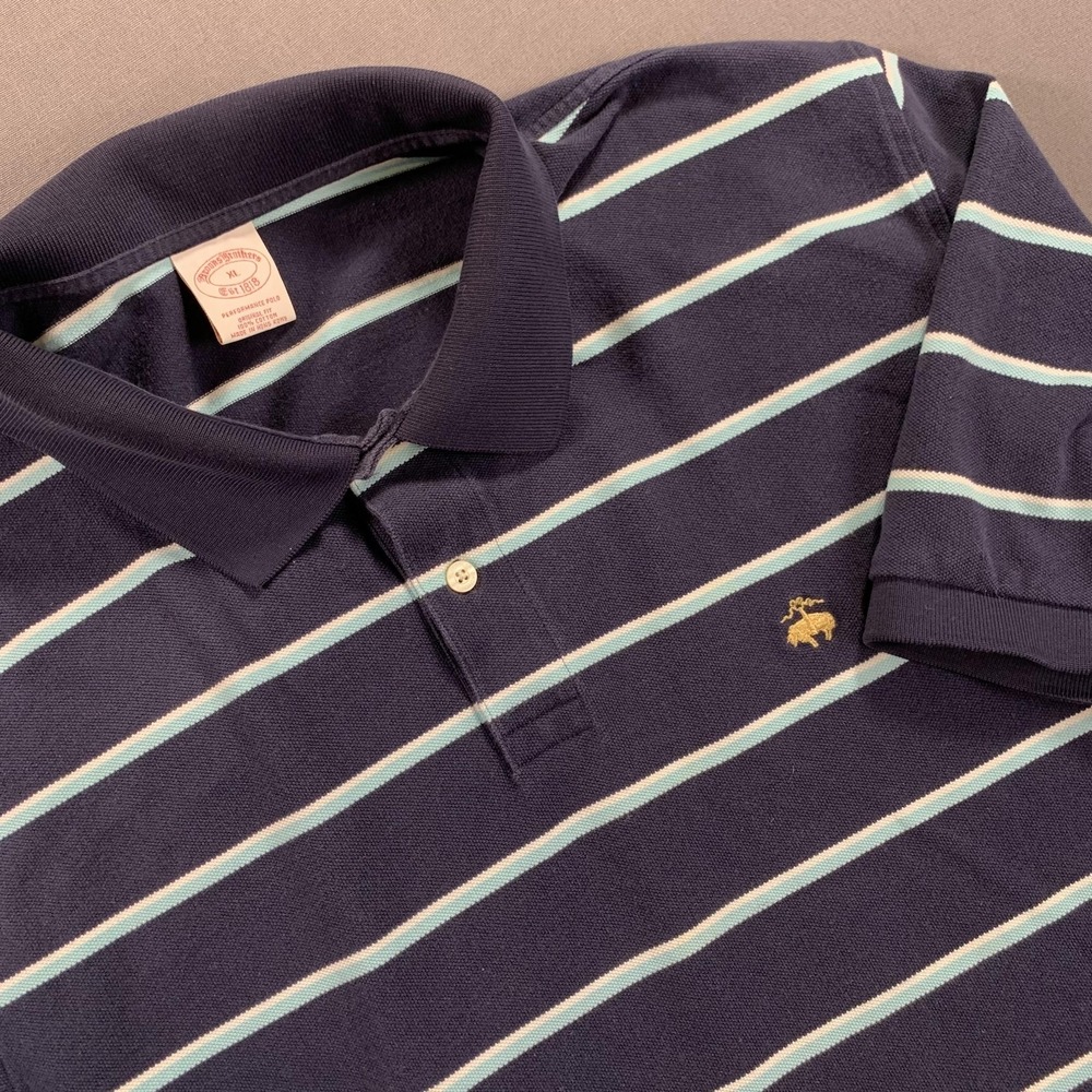 VTG‎ Brooks Brothers Polo Shirt Mens XL Navy Blue Striped Performance Hong Kong